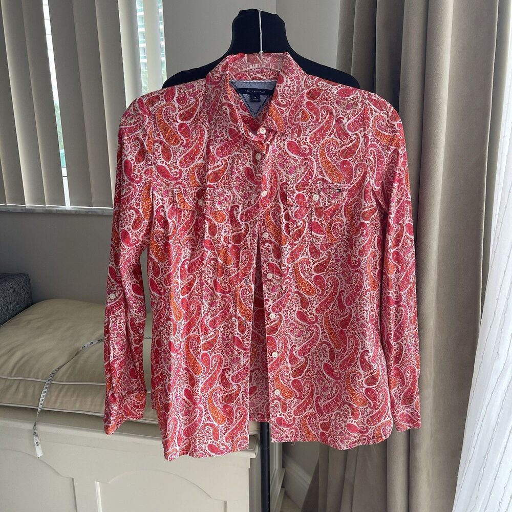 Tommy Hilfiger Orange pink Paisley Cotton Button Down Shirt Front Pockets M